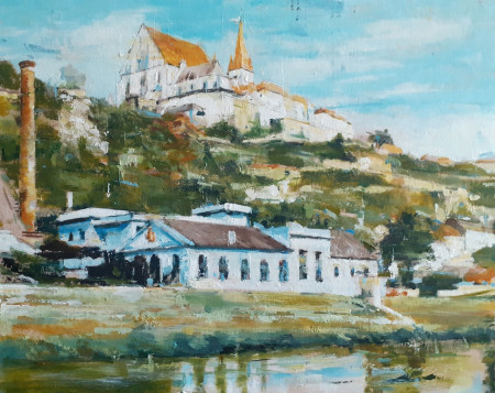 Město nad řekou / olej na desce / 60 x 50 cm / 2022